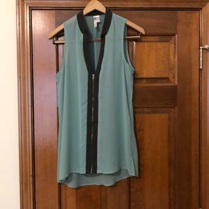 Degrees sheer sage green trimmed in brown blouse